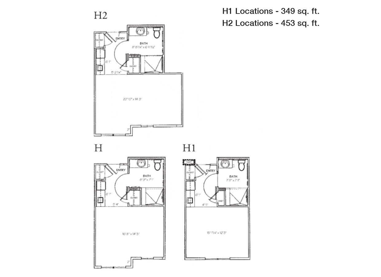 Three apartment floor plans labeled H2, H, and H1 with living areas, bathrooms, and kitchens. Text notes H1 locations are 349 sq. ft. and H2 locations are 453 sq. ft. The H2 layout is shown twice.