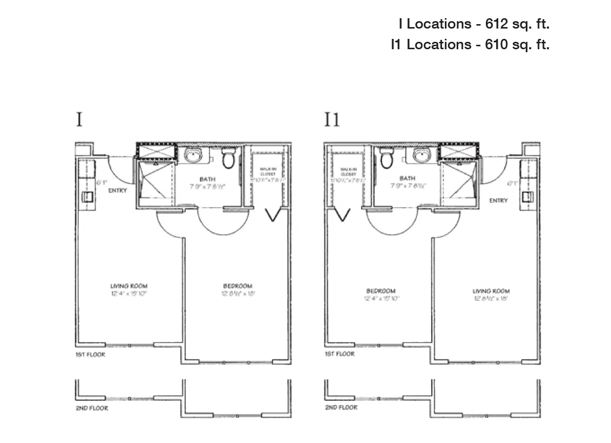 Black and white floor plans for two apartment layouts labeled I (612 sq. ft.) and II (610 sq. ft.), each with a living room, bedroom, bathroom, and entry, with slight differences in layout.