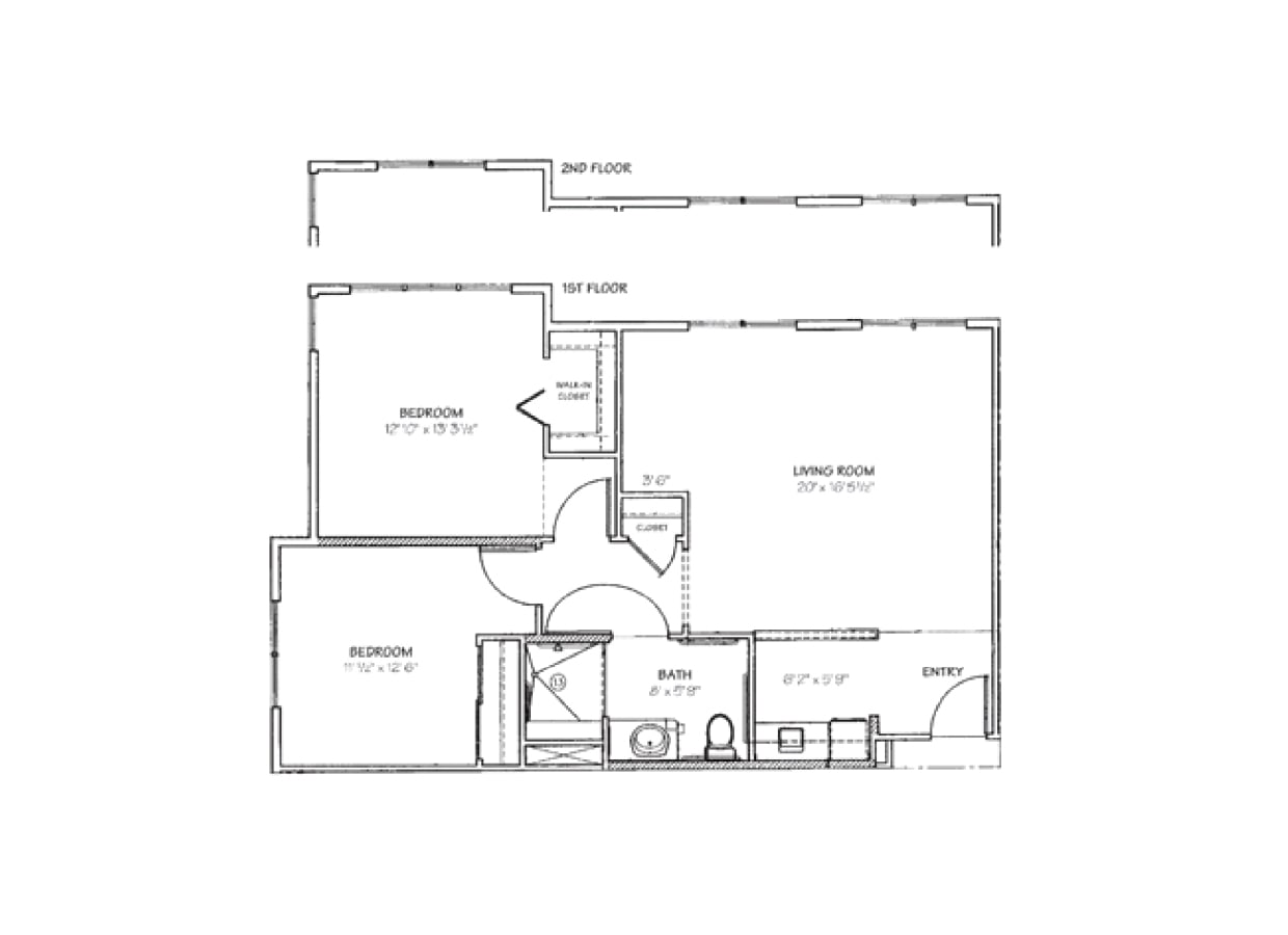 Black and white floor plan showing two bedrooms, one bathroom, a living room, kitchen, entry area, and a closet. The second floor is indicated above the main layout. Room dimensions are labeled.