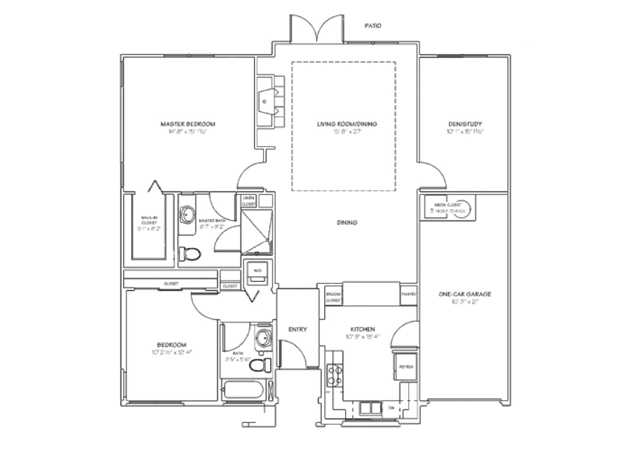 Black and white floor plan of a house with two bedrooms, two bathrooms, kitchen, dining and living rooms, a den/study, one-car garage, entryway, and patio. Dimensions are labeled for each room.