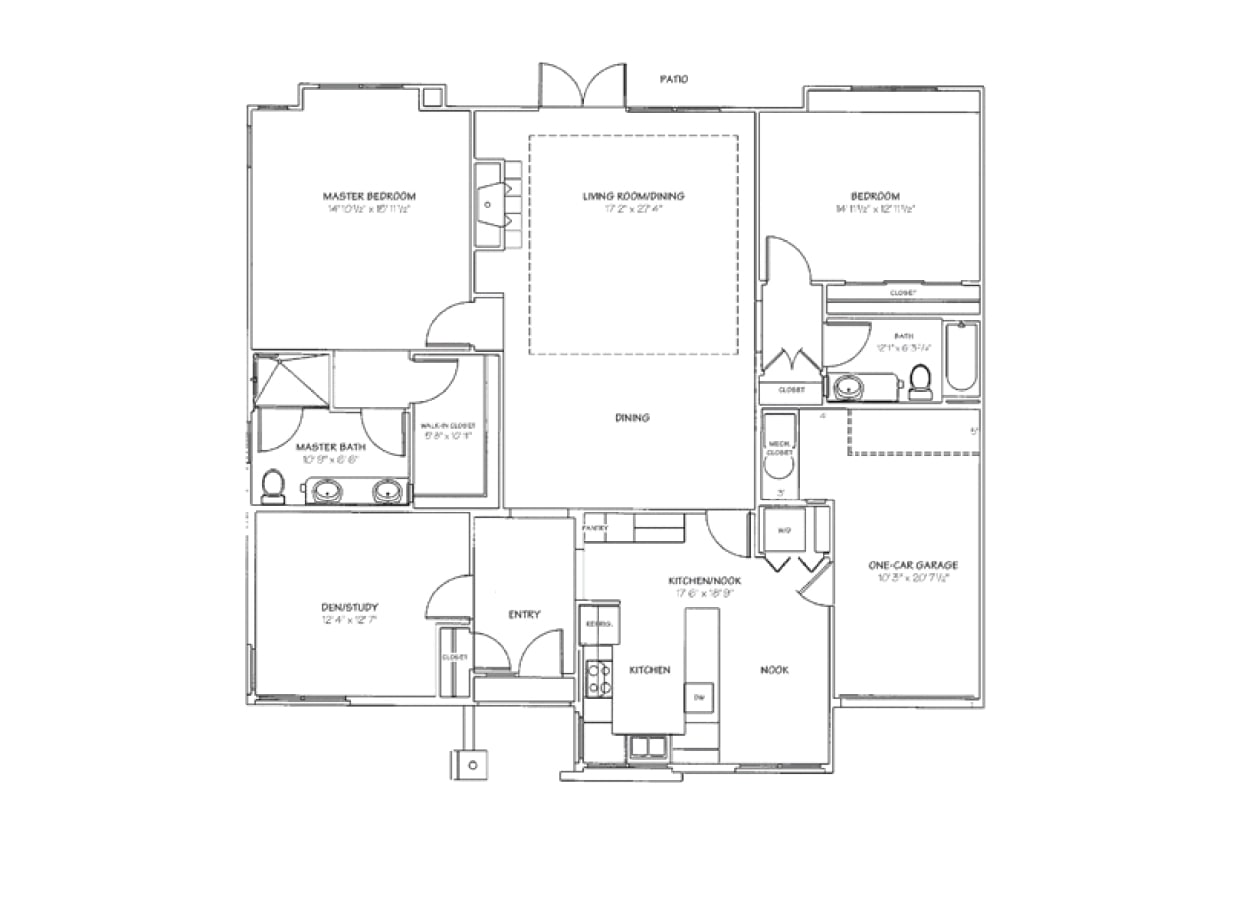 Black and white floor plan of a house with two bedrooms, two bathrooms, a living/dining room, kitchen with nook, pantry, entry, den/study, one-car garage, and a patio. Room dimensions are labeled.