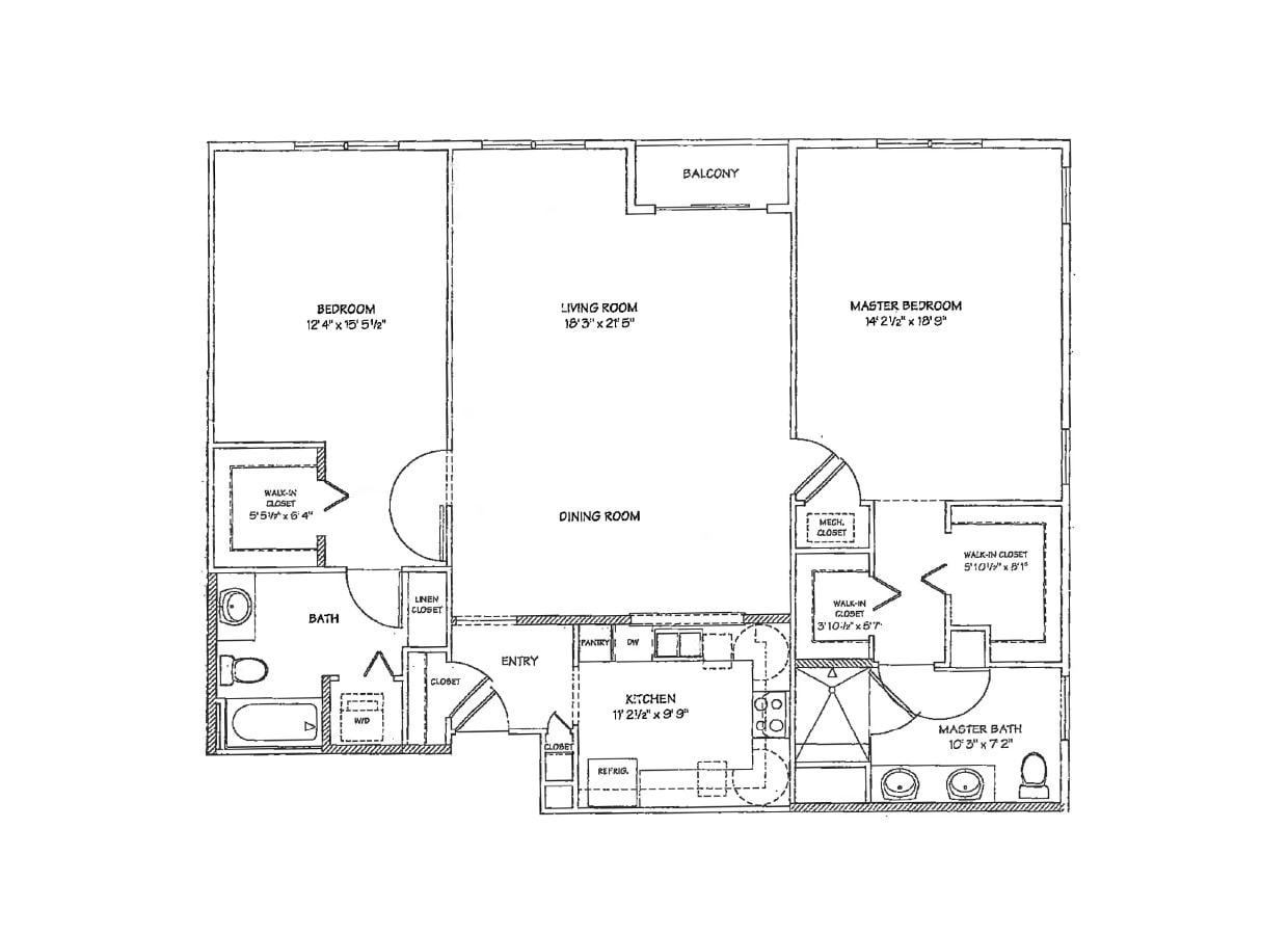 Black and white floor plan with two bedrooms, two bathrooms, kitchen, dining room, living room, laundry area, closets, entry, and a balcony. The master bedroom has a walk-in closet and en-suite bathroom.