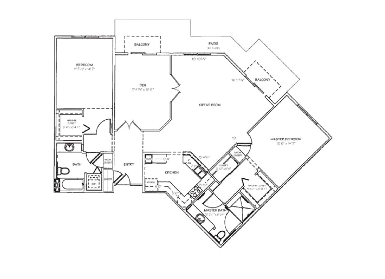 Black and white floor plan showing two bedrooms, two bathrooms, a kitchen, dining area, den, great room, master closet, entryway, two balconies, and a patio. Labels indicate room names and dimensions.