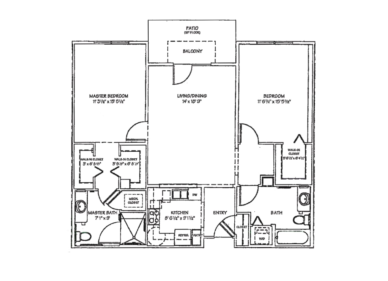 Black and white floor plan showing two bedrooms, two bathrooms, a kitchen, living/dining area, entry, closet space, and a balcony/patio. The master bedroom has an ensuite bathroom and walk-in closet.