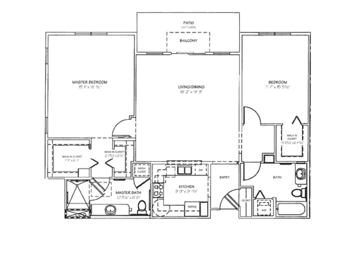 Black and white floor plan showing two bedrooms, two bathrooms, a kitchen, living/dining area, entry, closets, washer/dryer space, and a patio/balcony at the top center of the layout.