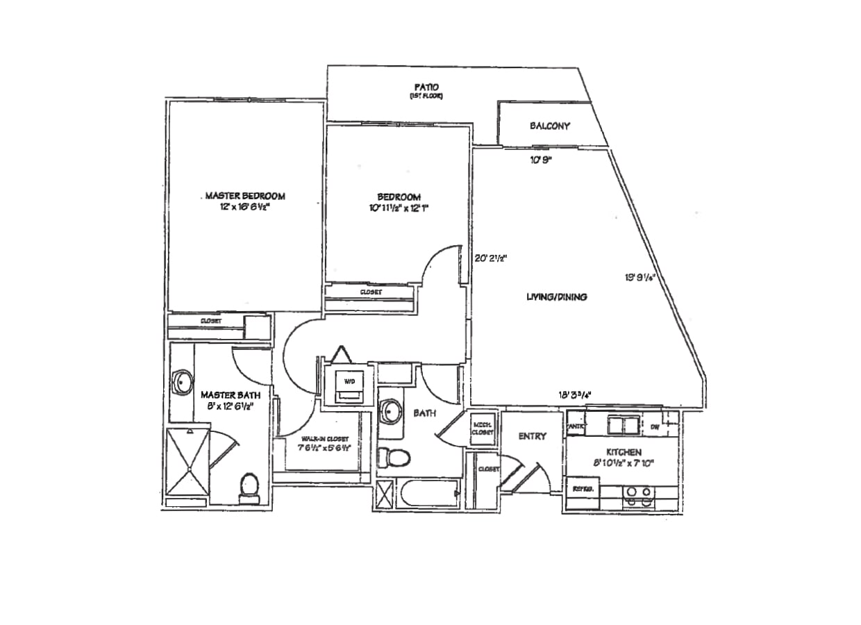 Black and white floor plan of a two-bedroom, two-bathroom apartment with labeled rooms: master bedroom, second bedroom, kitchen, living/dining area, master bath, bath, entry, balcony, and patio.