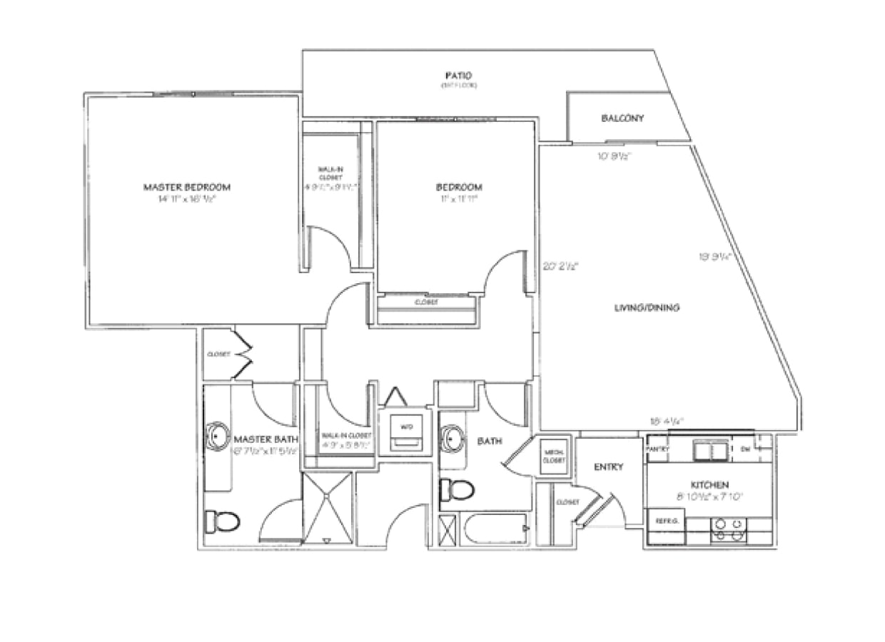 Black and white floor plan of a two-bedroom, two-bath apartment with a master bedroom, kitchen, living/dining area, patio, balcony, closets, and laundry area labeled with dimensions.