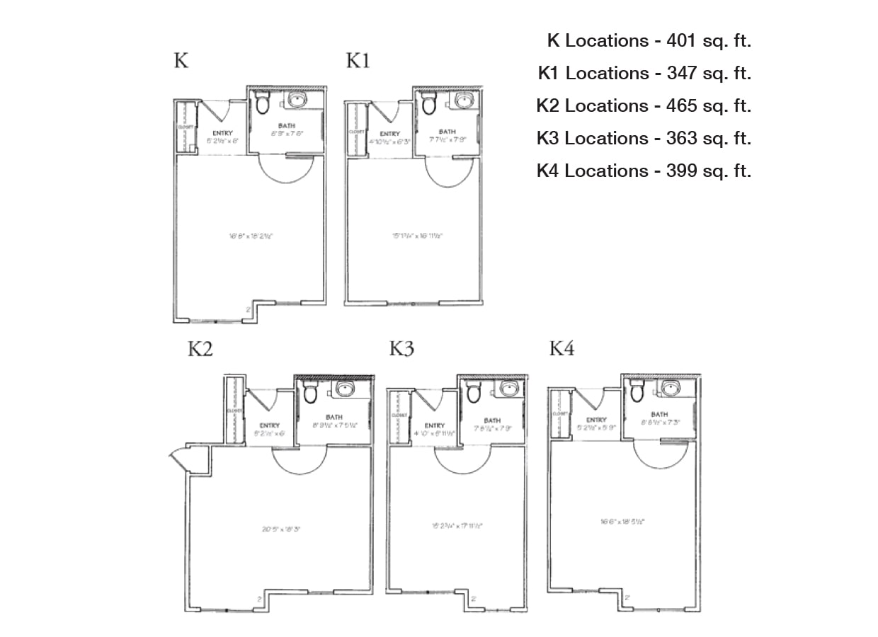 Black and white floor plans labeled K, K1, K2, K3, and K4, each with different room layouts and square footage listed: K (401 sq. ft.), K1 (347 sq. ft.), K2 (465 sq. ft.), K3 (363 sq. ft.), K4 (399 sq. ft.).