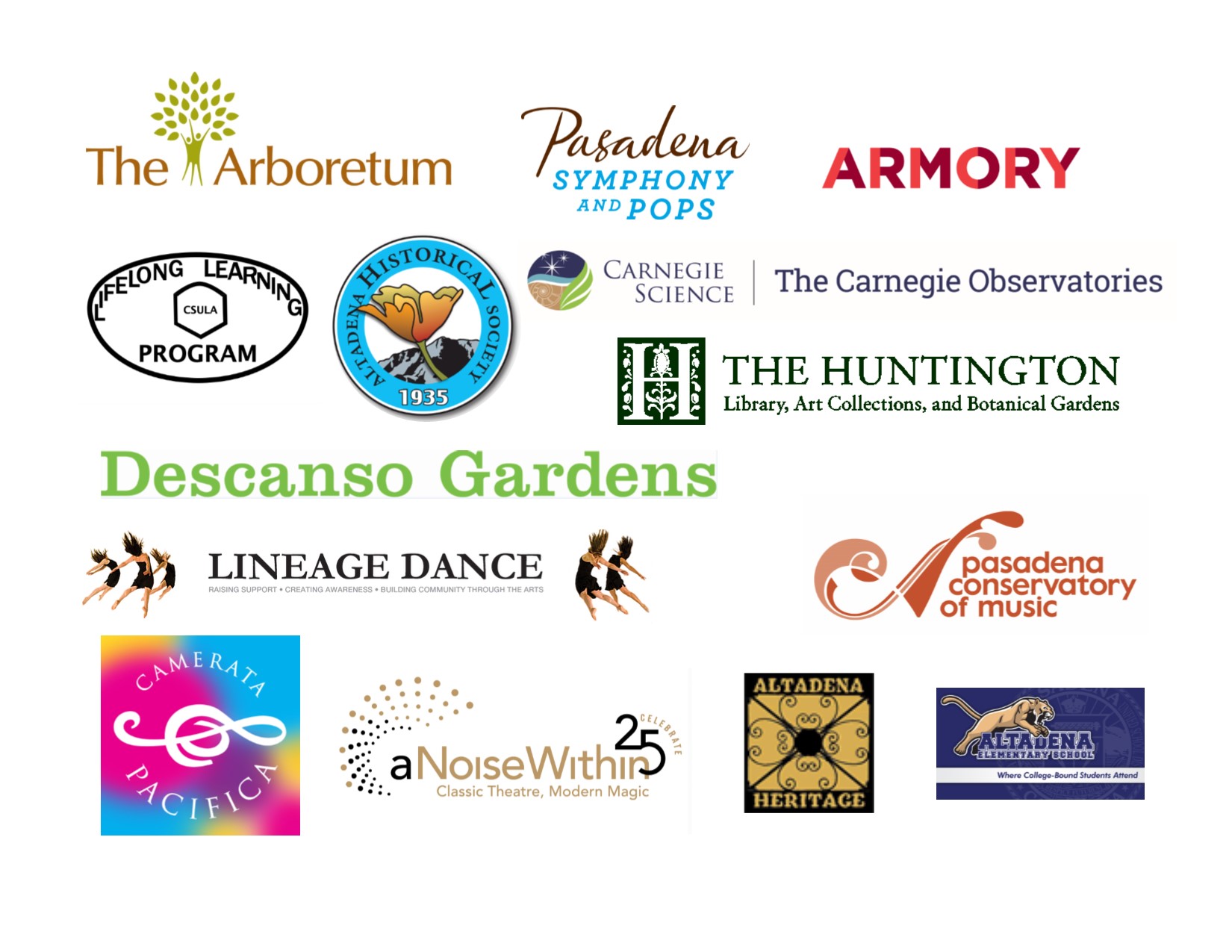 A collage of logos from various cultural institutions, including The Arboretum, Pasadena Symphony and Pops, The Huntington, Descanso Gardens, and others, arranged on a white background.