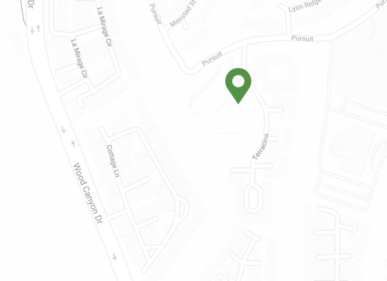 A map showing a green location pin near the intersection of Pursuit and Terracina, close to Wood Canyon Dr and La Mirage Cir. Residential streets and cul-de-sacs are visible in the area.