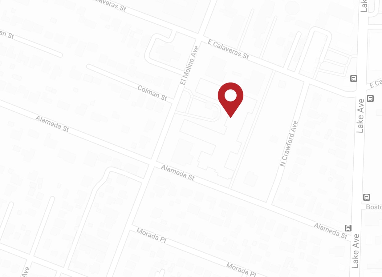 Map showing the intersection of E Calaveras St, Alameda St, and N Crawford Ave, with a red location pin marking a spot near El Molino Ave in a residential area.
