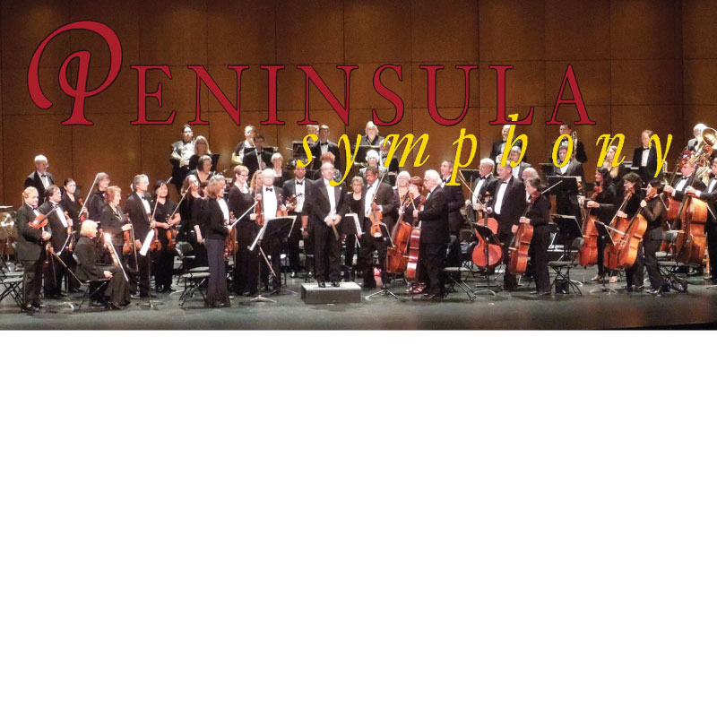 ECS_Canterbury-Partnerships_Peninsula-Symphony_raised800x800 A symphony orchestra stands on stage holding instruments, with Peninsula Symphony written in large red and yellow letters above them. The musicians are dressed formally and appear to be preparing for a performance.