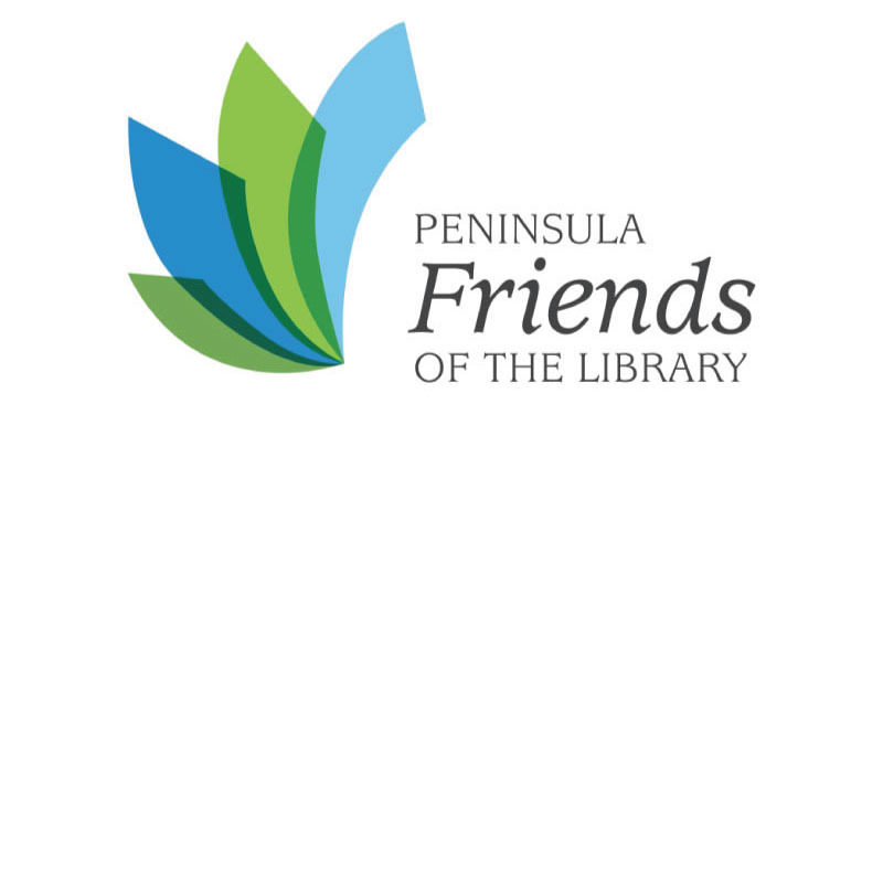 ECS_Canterbury-Partnerships_PeninsulaFriendsLibrary_Raised800x800 Logo for Peninsula Friends of the Library, featuring overlapping blue and green shapes resembling book pages or leaves to the left of the organization name in black and gray text.