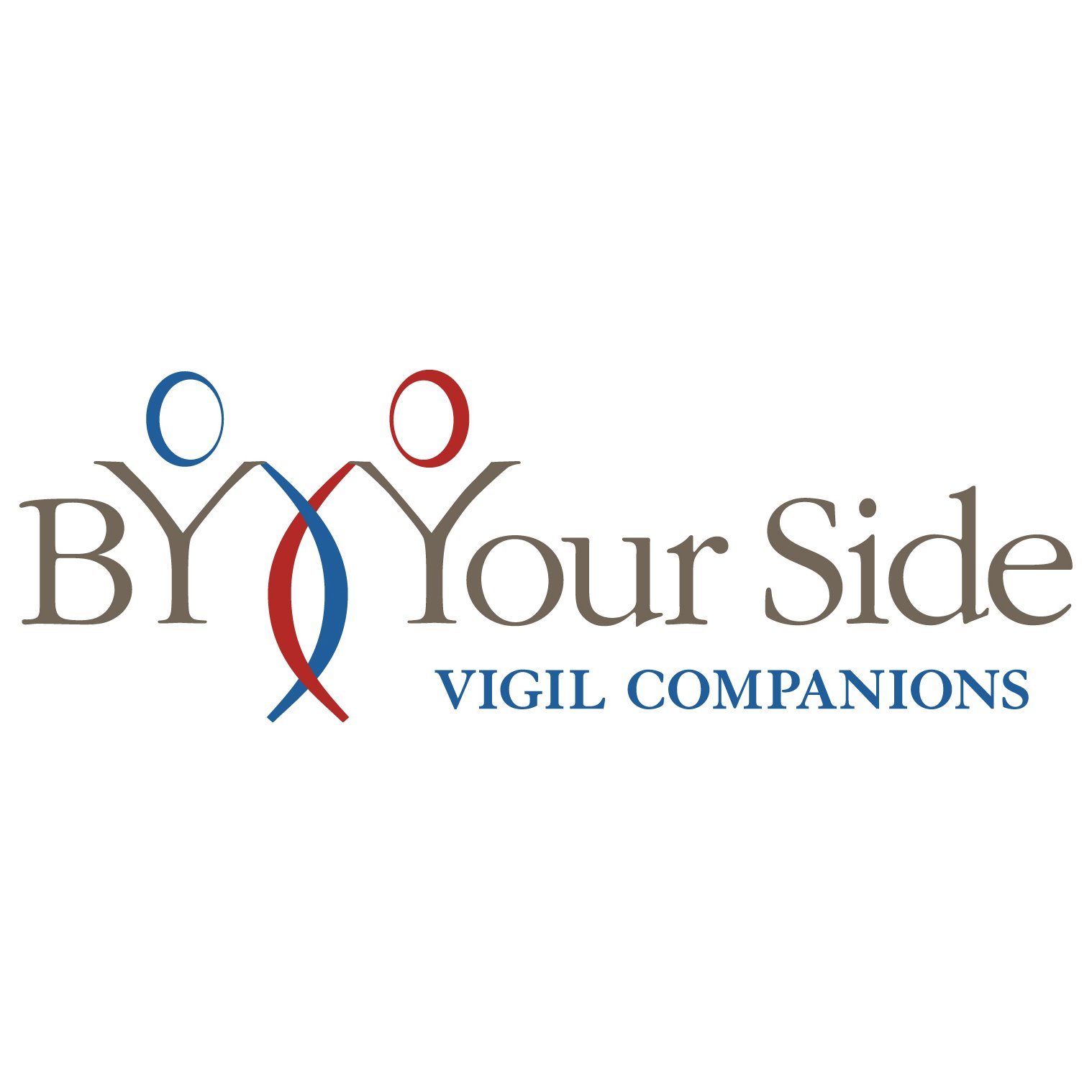 Logo for By Your Side Vigil Companions with stylized figures in blue and red forming an arch over the words By Your Side; Vigil Companions is written below in blue text.