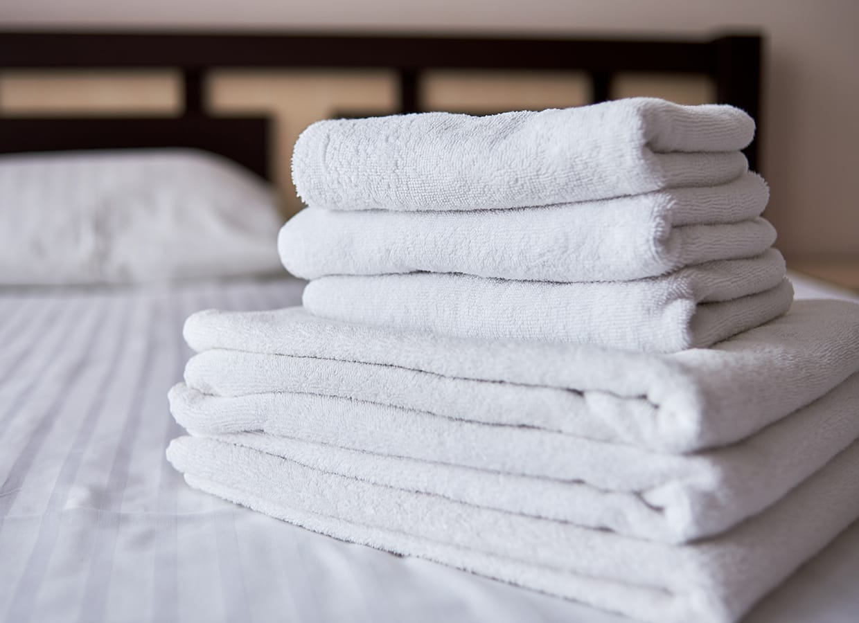 A stack of neatly folded white towels is placed on a bed with a white striped sheet and a pillow in the background, suggesting a clean and tidy bedroom setting.