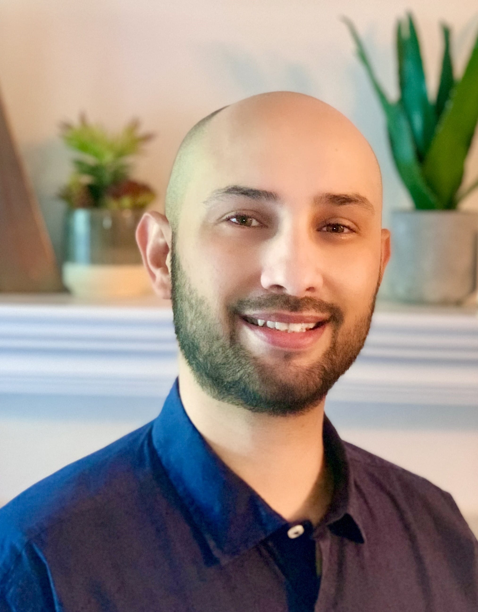 A smiling man with a bald head and trimmed beard, wearing a dark blue shirt, stands indoors in front of a white shelf with green potted plants in the background.