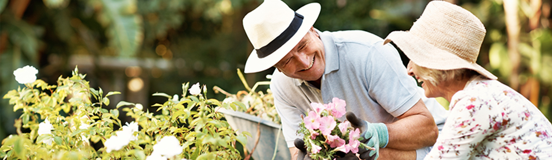Two older adults wearing sun hats and gloves are gardening together outside, smiling as they tend to blooming flowers. The scene is bright and cheerful with greenery and blossoms in the background.