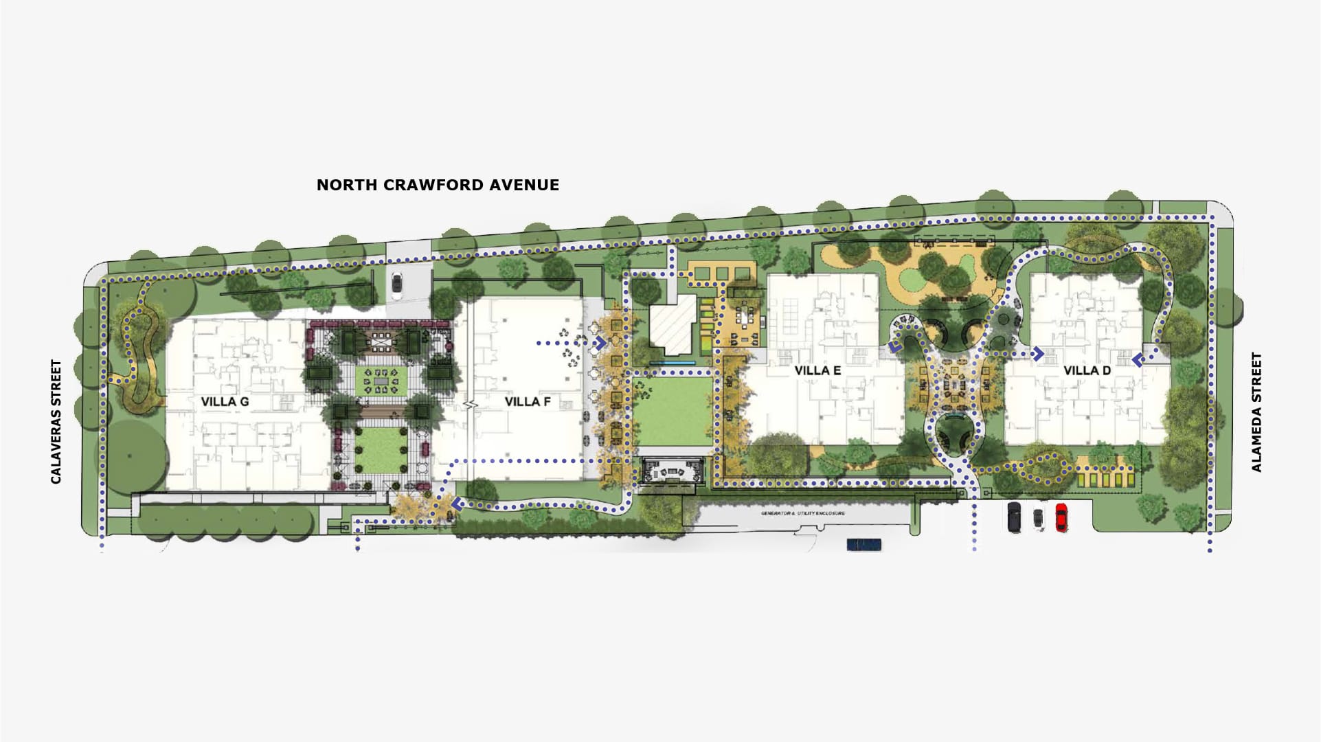 Site plan illustration showing five buildings labeled Villa A to Villa E, pathways, green spaces, trees, parking areas, and borders along North Crawford Avenue, Calaveras Street, and Alameda Street.