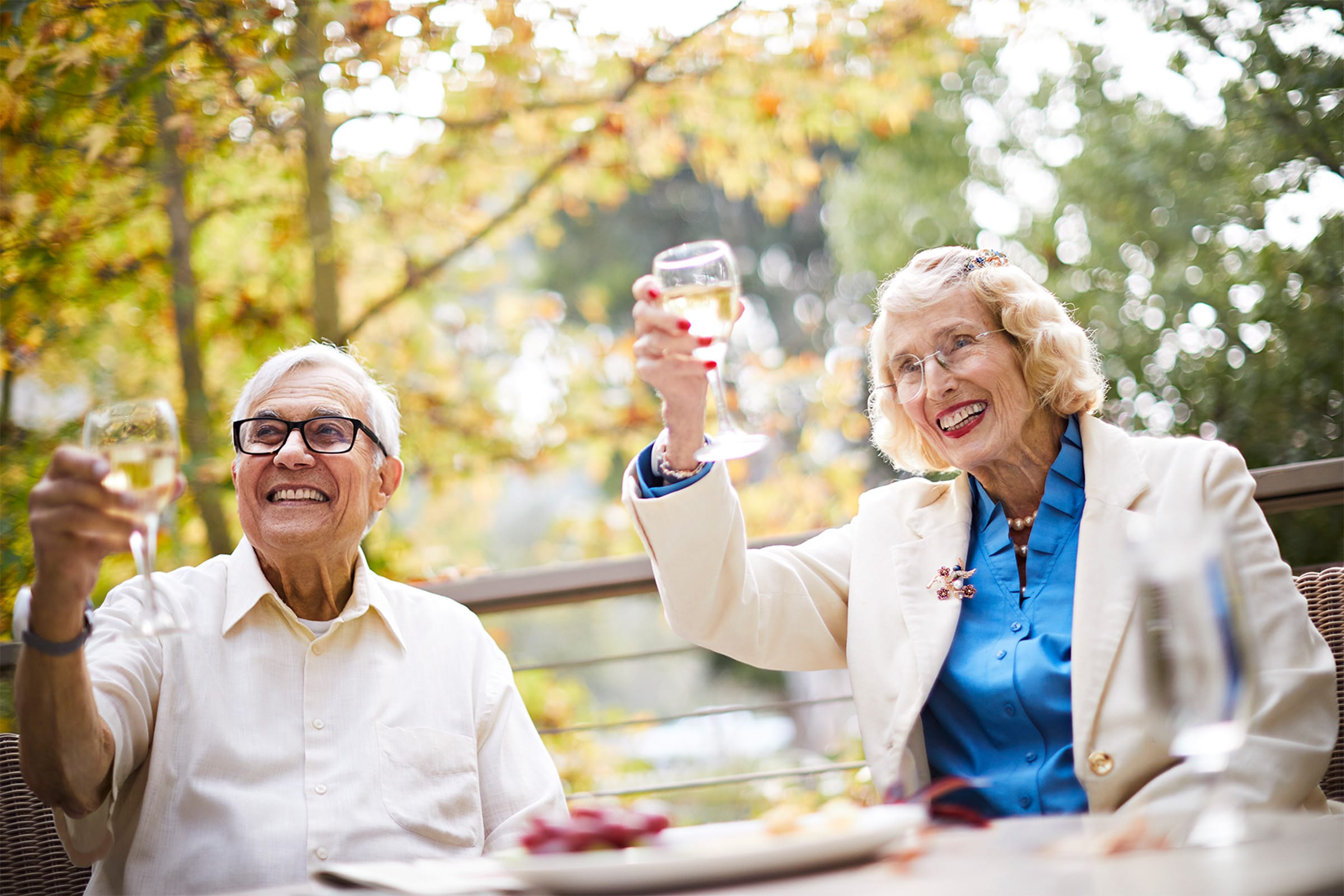 Lifestyle_Canterbury_Wine_0766 Two smiling elderly people sit outdoors, raising glasses in a toast. They are dressed smartly and surrounded by greenery and autumn foliage, enjoying a cheerful moment together.