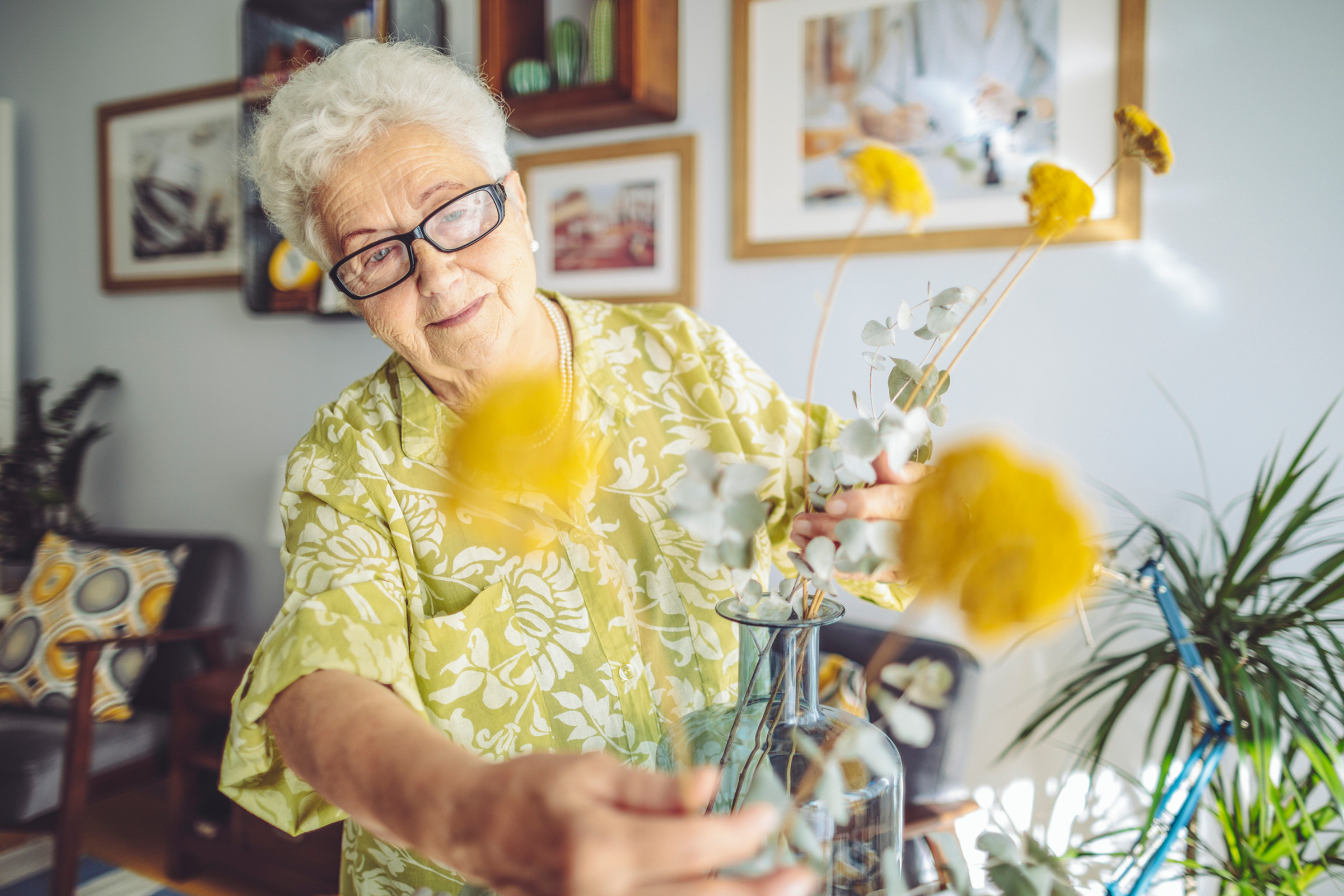 An elderly woman with white hair and glasses arranges yellow flowers in a vase. She smiles warmly in a cozy, well-lit living room decorated with pictures and plants.