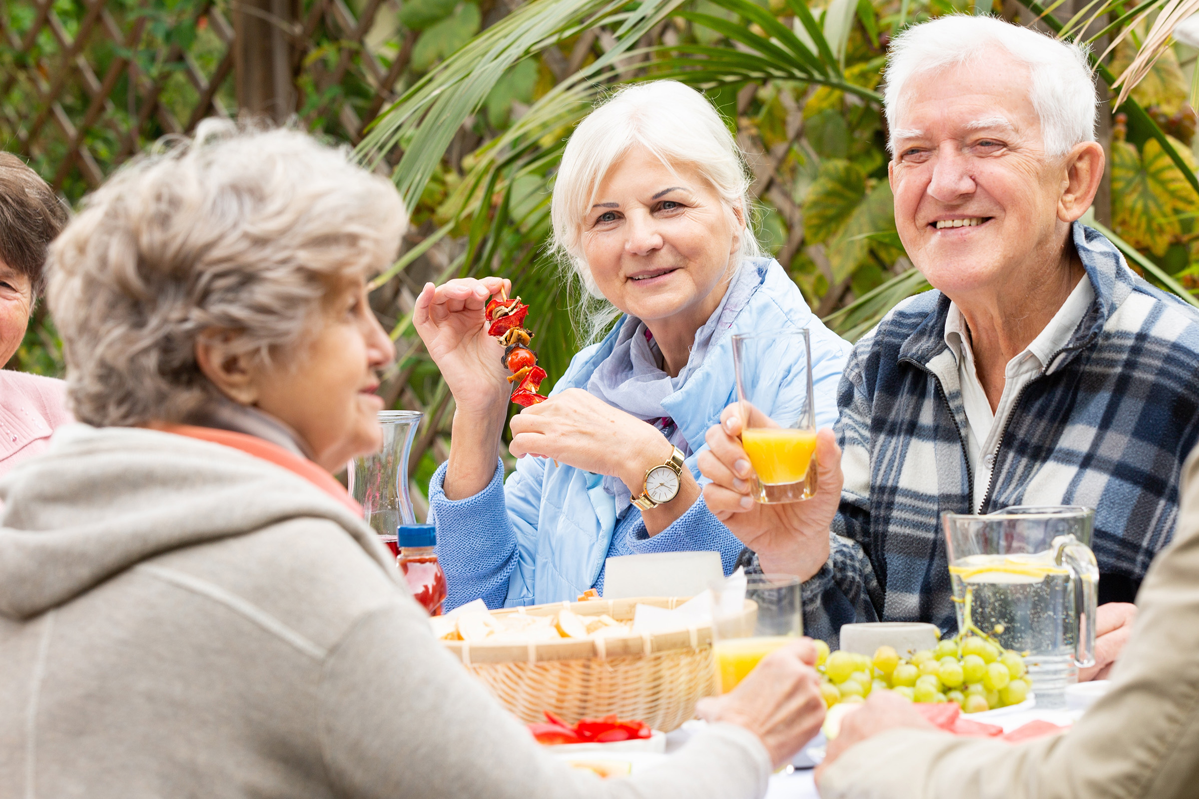 A group of smiling older adults sit outdoors at a table, enjoying a meal together with juice, fruit, and bread. One person holds a fruit skewer, and lush greenery surrounds them.