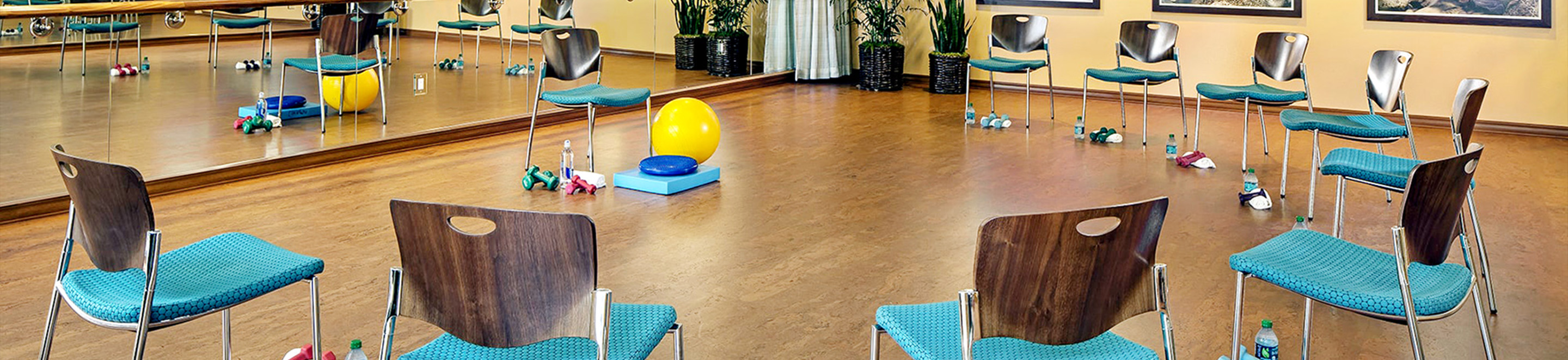 A spacious exercise room with a circle of chairs, blue cushions, water bottles, towels, a large yellow exercise ball, and a mirror on one wall. There are also framed pictures and plants decorating the room.
