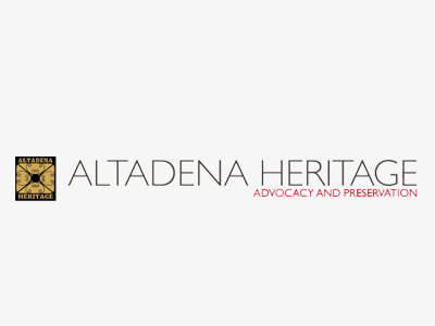 Altadena Heritage logo with a yellow and black emblem on the left and the words Altadena Heritage Advocacy and Preservation in modern font on a white background.