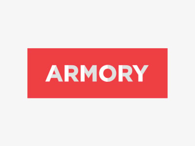 A red rectangle with the word ARMORY in bold, white, capital letters centered on a light gray background.