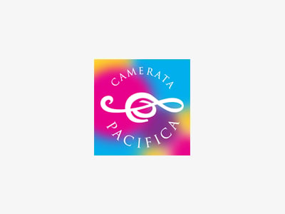 Camerata Pacifica logo featuring a white treble clef and curved text on a blue, yellow, and magenta gradient background.