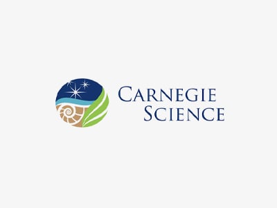 Carnegie Science logo with a circular graphic showing stars in a night sky, green leaves, and a brown spiral shell, next to the text Carnegie Science on a white background.
