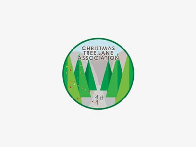 A circular logo with tall green trees, people walking on a path, and the words “Christmas Tree Lane Association” at the top. Some trees have red ornaments. The background is white.