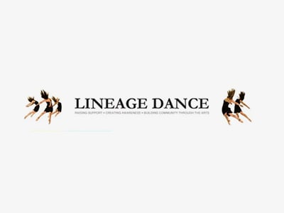 Logo for Lineage Dance featuring the text LINEAGE DANCE with a tagline about raising support and creating awareness, flanked by illustrations of dancers in black outfits leaping on both sides.