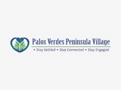 Logo for Palos Verdes Peninsula Village. A heart shape with a blue figure and green leaves on the left, and the text reads “Palos Verdes Peninsula Village – Stay Settled • Stay Connected • Stay Engaged.”.
