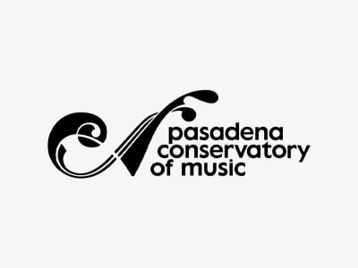 Black and white logo for Pasadena Conservatory of Music, featuring stylized musical notes and a treble clef forming a decorative design to the left of the text.