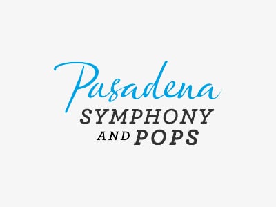 The logo for Pasadena Symphony and POPS features Pasadena in elegant blue script above SYMPHONY AND POPS in bold black uppercase letters on a white background.
