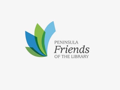 Logo for Peninsula Friends of the Library featuring three overlapping leaf-like shapes in blue and green, with the organization’s name written to the right in black text on a white background.
