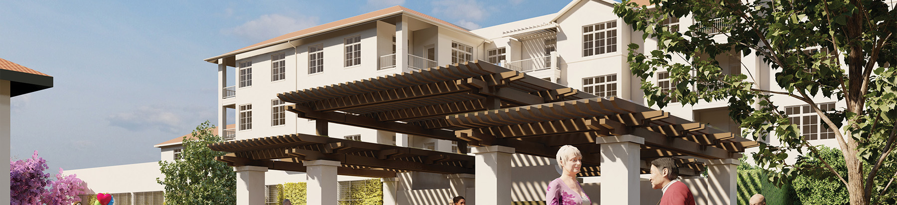 A rendered image of a large, three-story white building with balconies and many windows. In front, people are gathered under a wooden pergola surrounded by greenery and flowering plants.