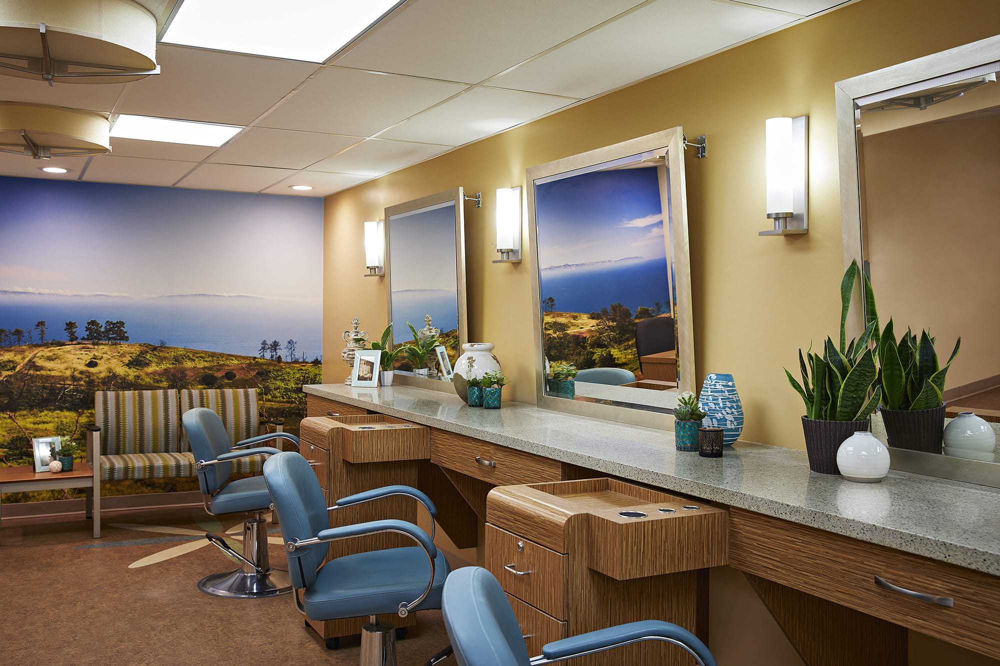 A modern salon with blue chairs facing large mirrors, light wood counters, potted plants, and wall art of a scenic coastal landscape. Soft lighting creates a welcoming, tranquil atmosphere.