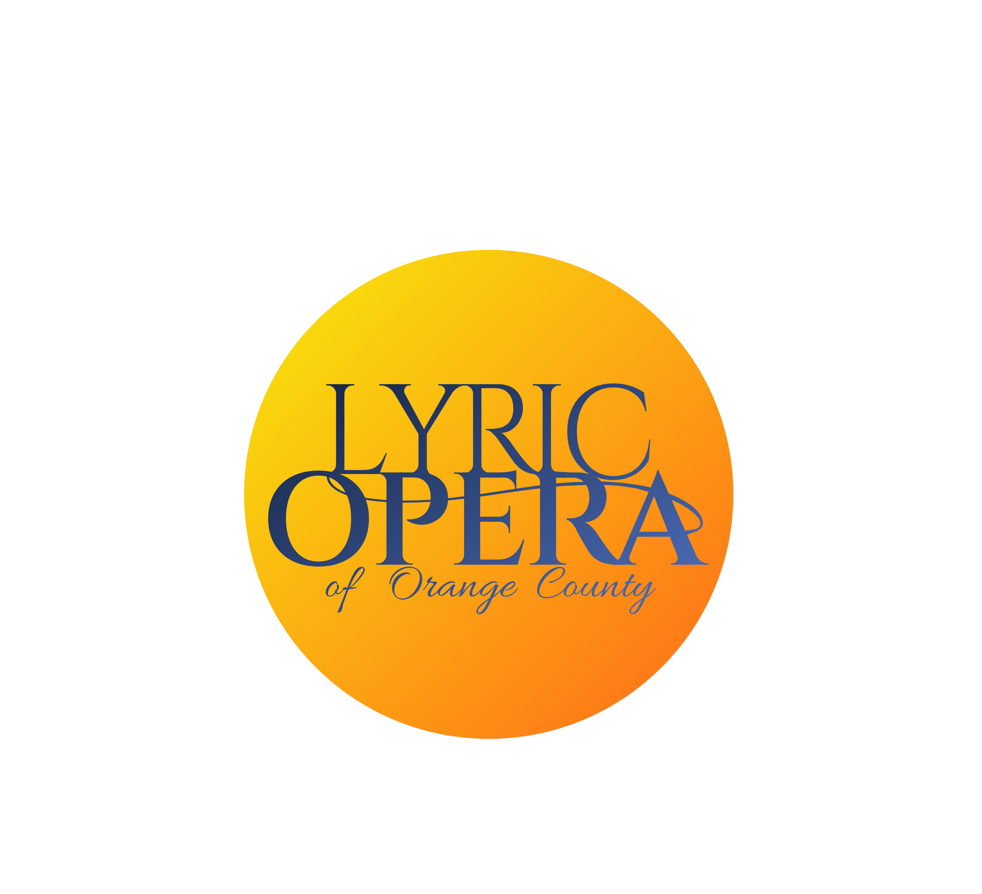 A yellow-orange gradient circle with the text Lyric Opera of Orange County in elegant blue and orange fonts, centered on a white background.