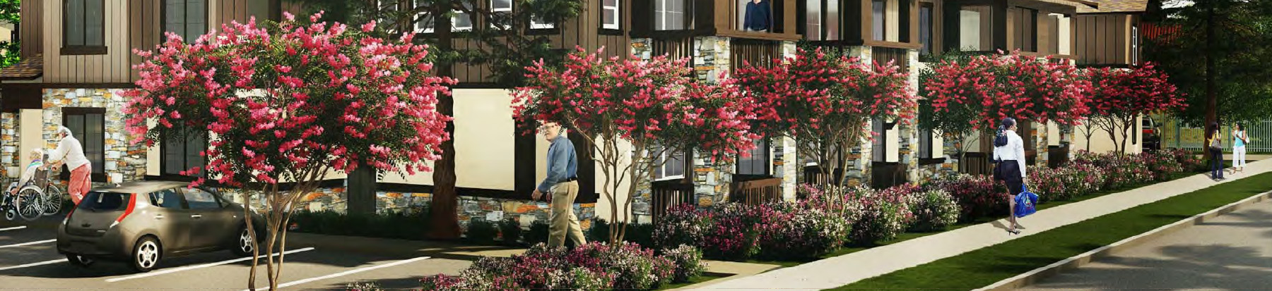 A row of blooming pink crepe myrtle trees lines a sidewalk beside a modern building, with people walking, parking cars, and a person walking a dog on a sunny day.