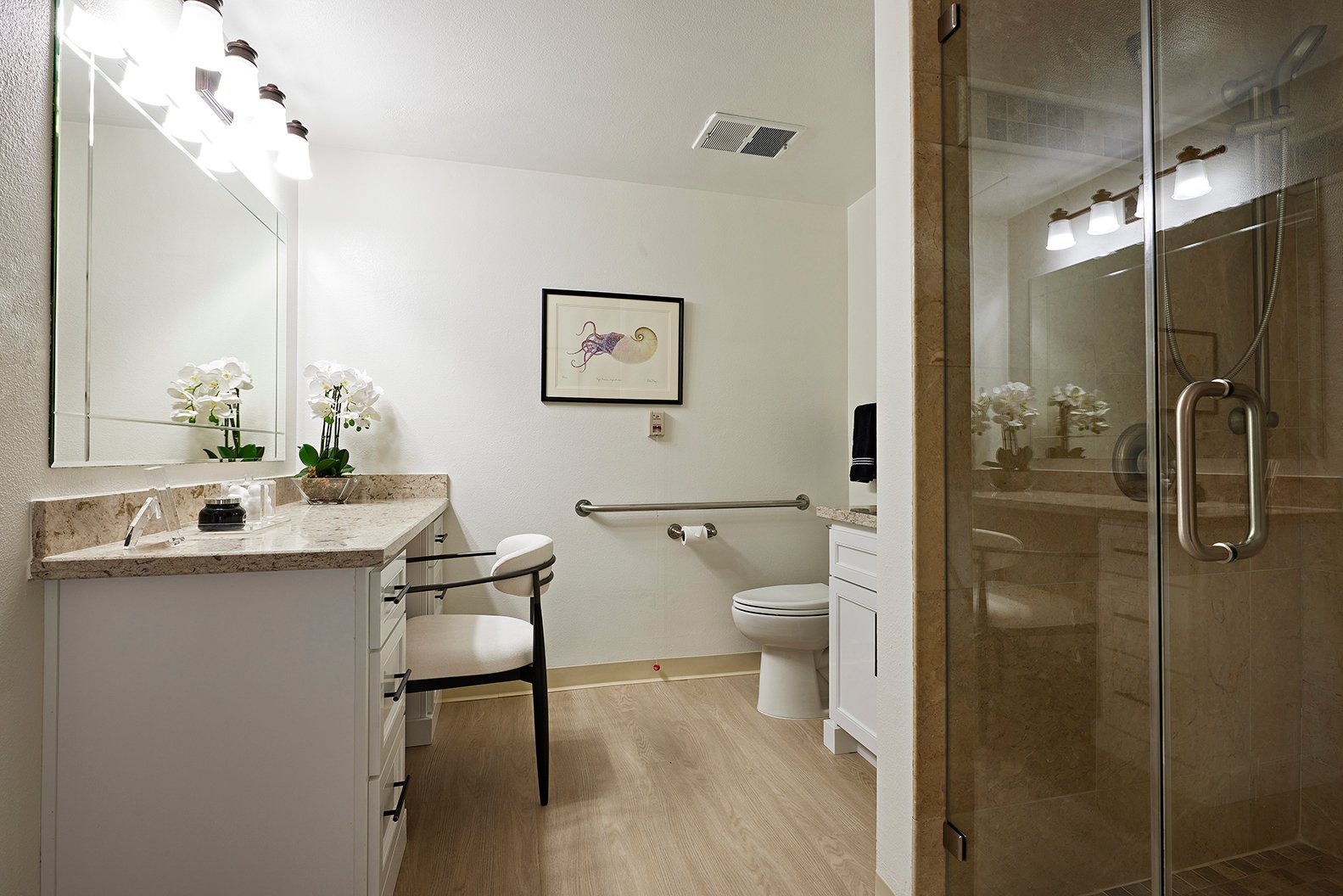 A modern, accessible bathroom with a wide vanity, chair, and mirror on the left, a toilet with grab bars in the center, and a glass-enclosed shower on the right. Light wood floors and white walls give a clean look.