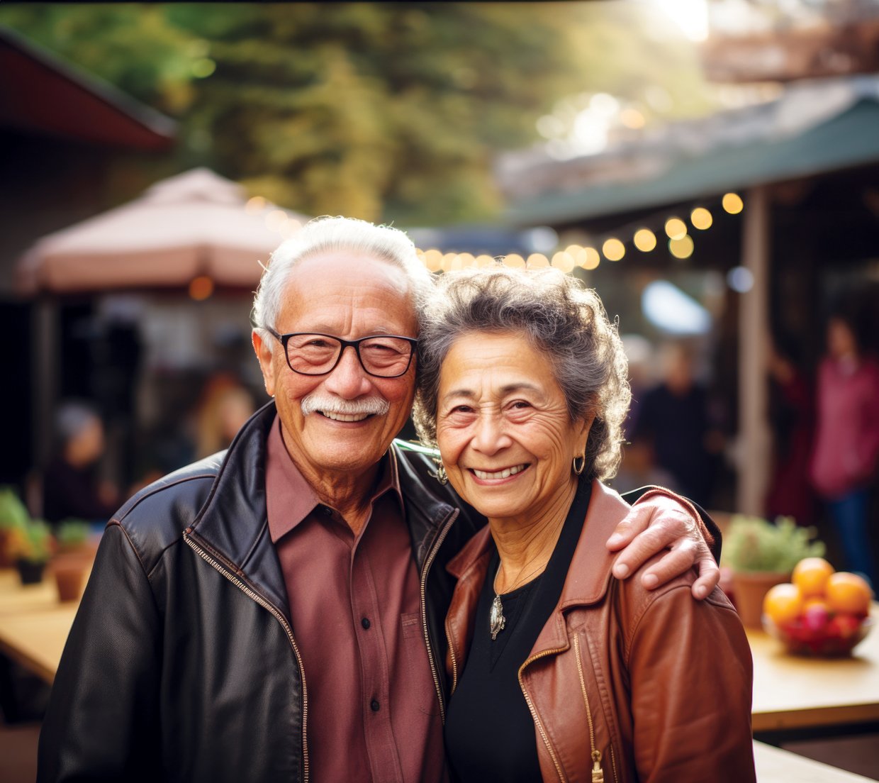 An elderly couple, both smiling, stand close together outdoors. They wear brown leather jackets and glasses. Soft string lights and blurred greenery create a warm, festive atmosphere in the background.