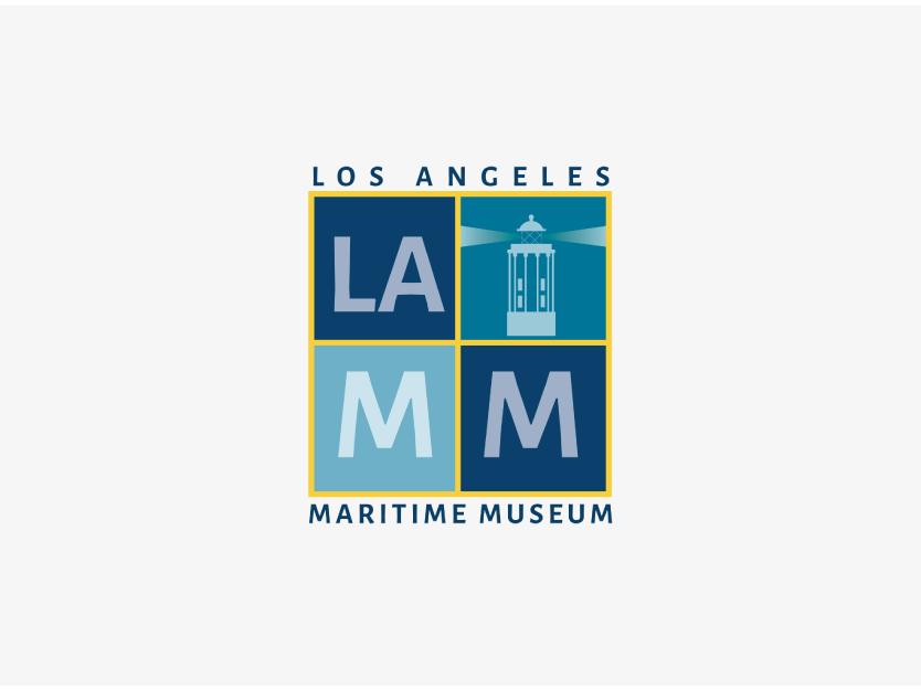 Logo for the Los Angeles Maritime Museum featuring four blue squares with the letters LA and MM and an illustration of a lighthouse, with the museum name written above and below the squares.