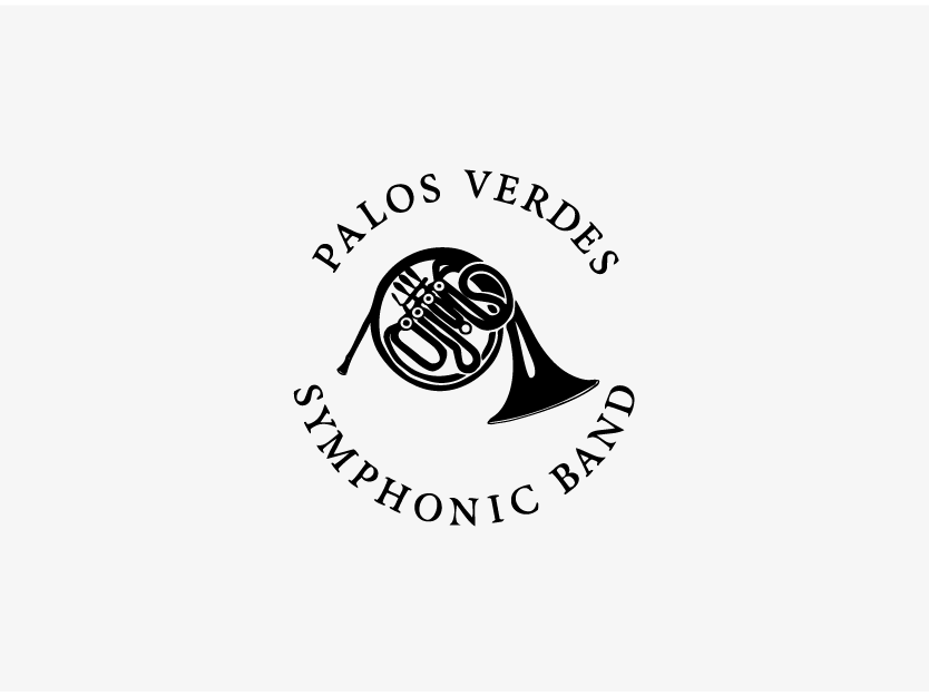 Logo for Palos Verdes Symphonic Band featuring a black French horn illustration in the center, with the band name curved around it on a white background.