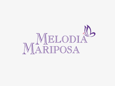 The logo features the words Melodia Mariposa in elegant purple font, with a stylized purple butterfly above the last A in Mariposa. The background is white.