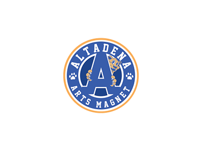 Circular blue and gold logo for Altadena Arts Magnet, featuring a large letter A, paw prints, and a wildcat mascot peeking over the letter.