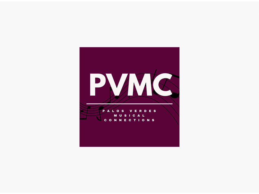 A maroon square logo with the large white letters PVMC above smaller text reading Palos Verdes Musical Connections, with a subtle outline of music notes in the background.
