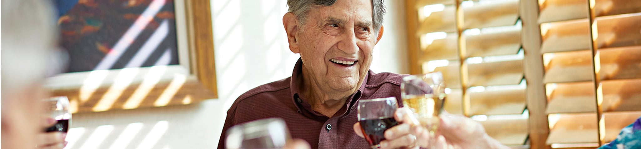 An elderly man smiles while raising a glass of wine in a toast with friends in a sunlit room with wooden blinds.