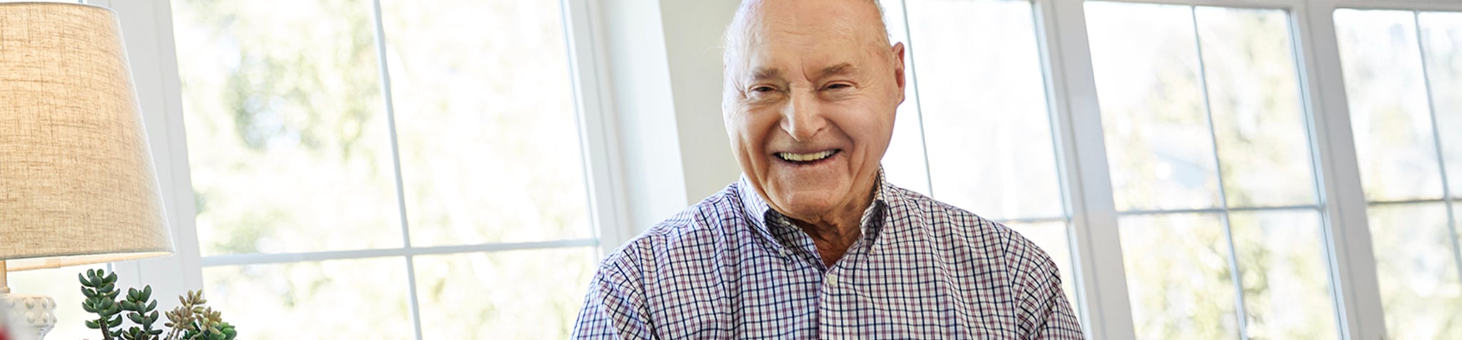 An older man in a plaid shirt smiles while sitting indoors near large windows with sunlight streaming in. A lamp and potted plants are visible on a table beside him.