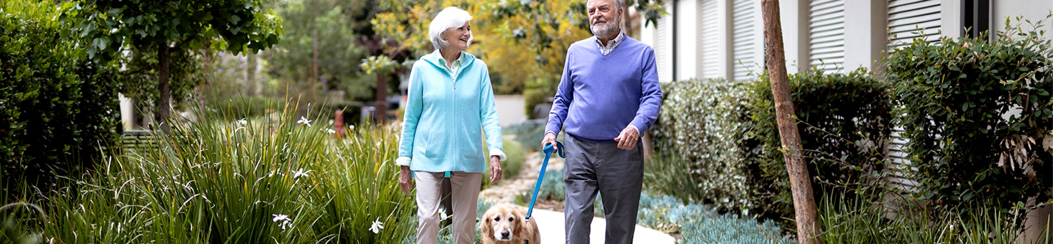 man and woman walking dog in outdoor garden area